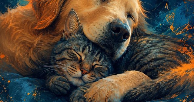 An oil painting of a golden retriever and a tabby cat curled up asleep together against blue and orange brushwork.