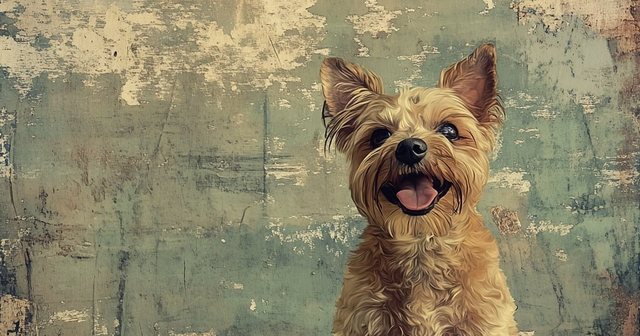 An oil painting of a small terrier on a weathered green-and-cream canvas.