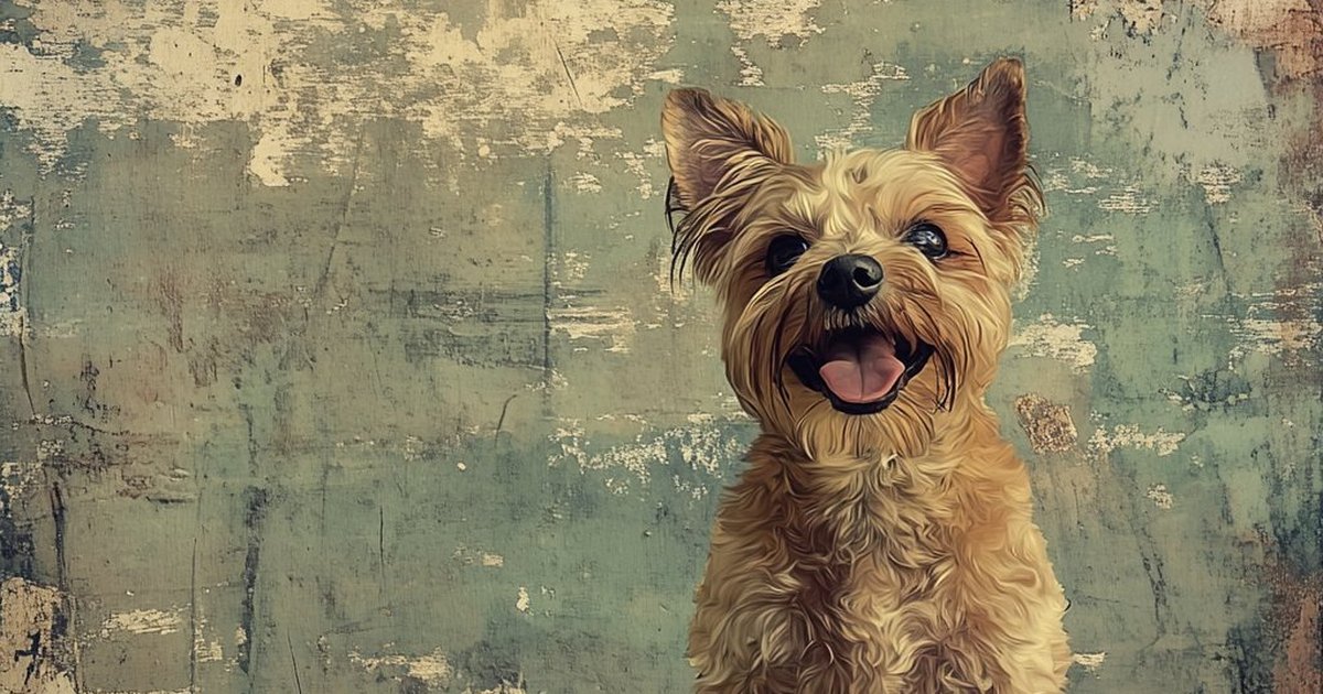 An oil painting of a small terrier on a weathered green-and-cream canvas.
