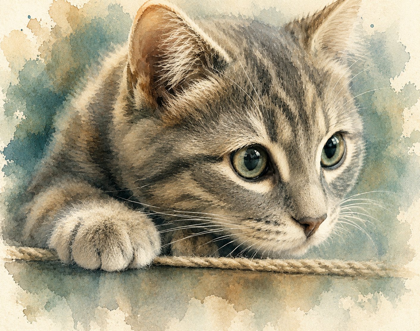 A delicate watercolor of a gray tabby kitten resting with its paws crossed, painted against soft teal and cream watercolor splash — VDA feline patients