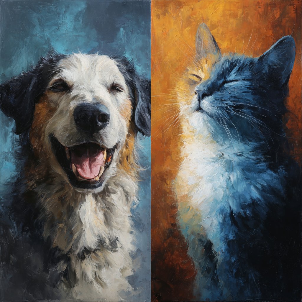 A painted diptych of a smiling dog and a contented cat — the kind of comfort early dental care protects.