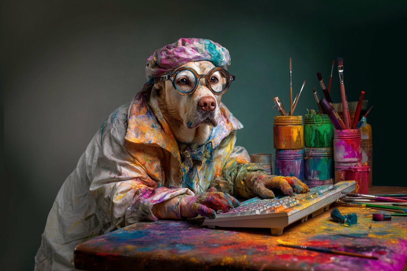 A whimsical painted portrait of a dog wearing round glasses and a paint-spattered smock at an artist's desk, surrounded by jars of brushes.