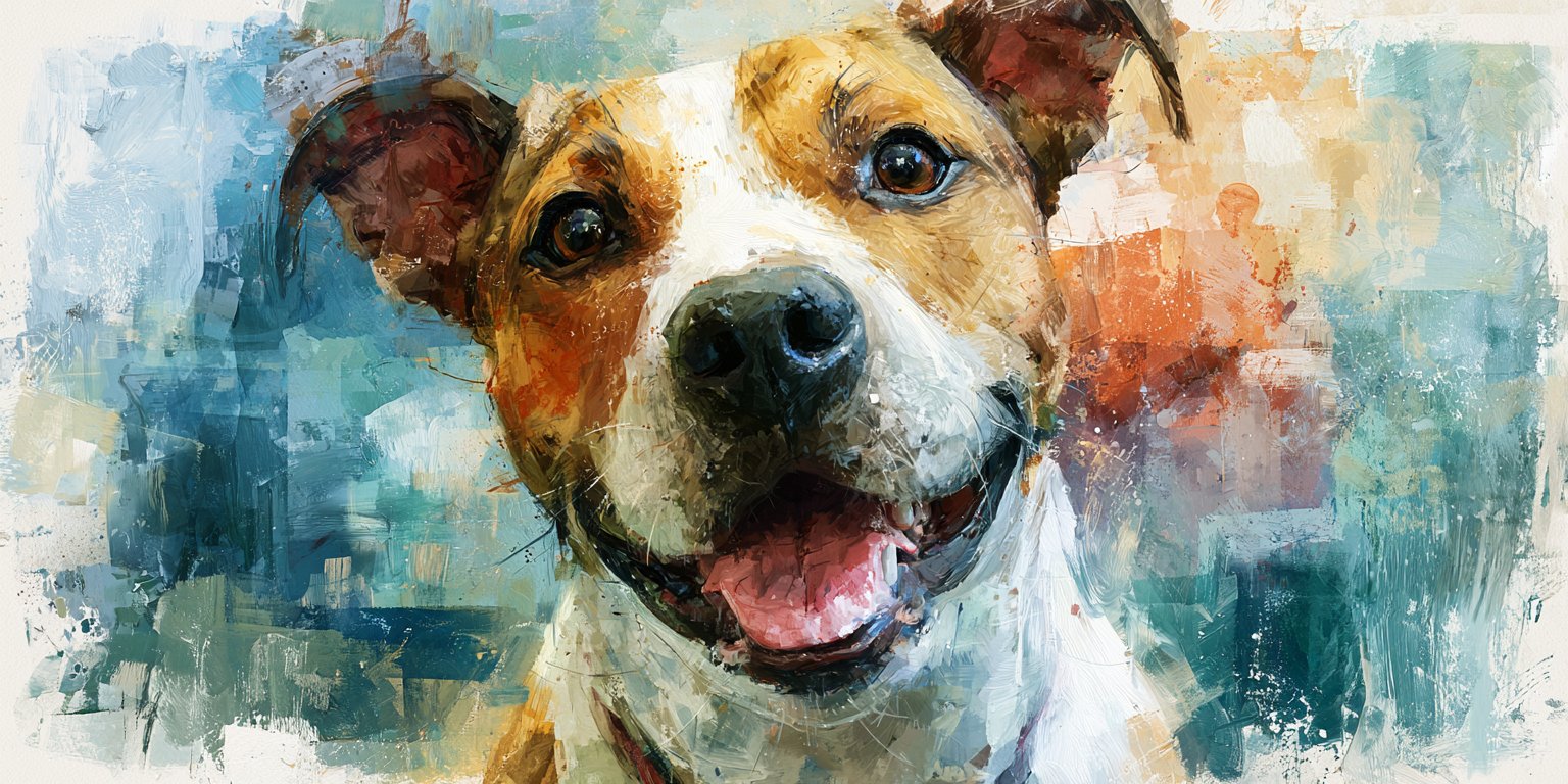 A painted portrait of a smiling mixed-breed dog with bright eyes and an open-mouth grin, set against a textured blue and rust brush-work background — the everyday positivity dogs bring to life.