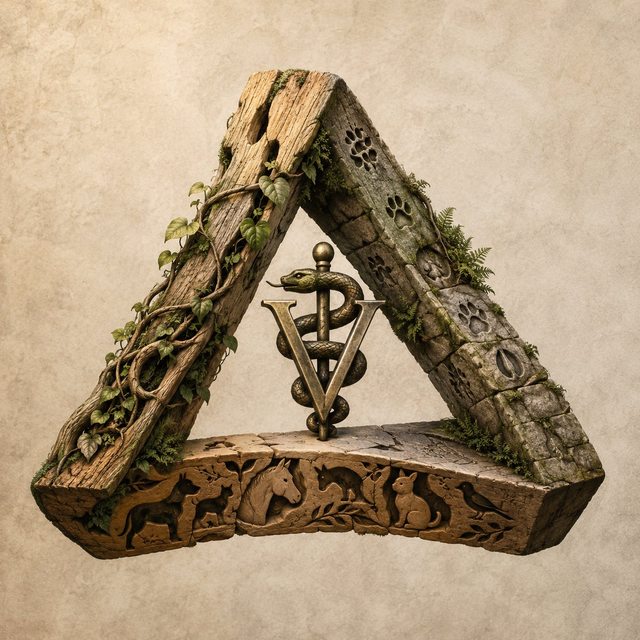 A triangle of weathered wood and carved stone wrapped in ivy, with a veterinary caduceus at its center.