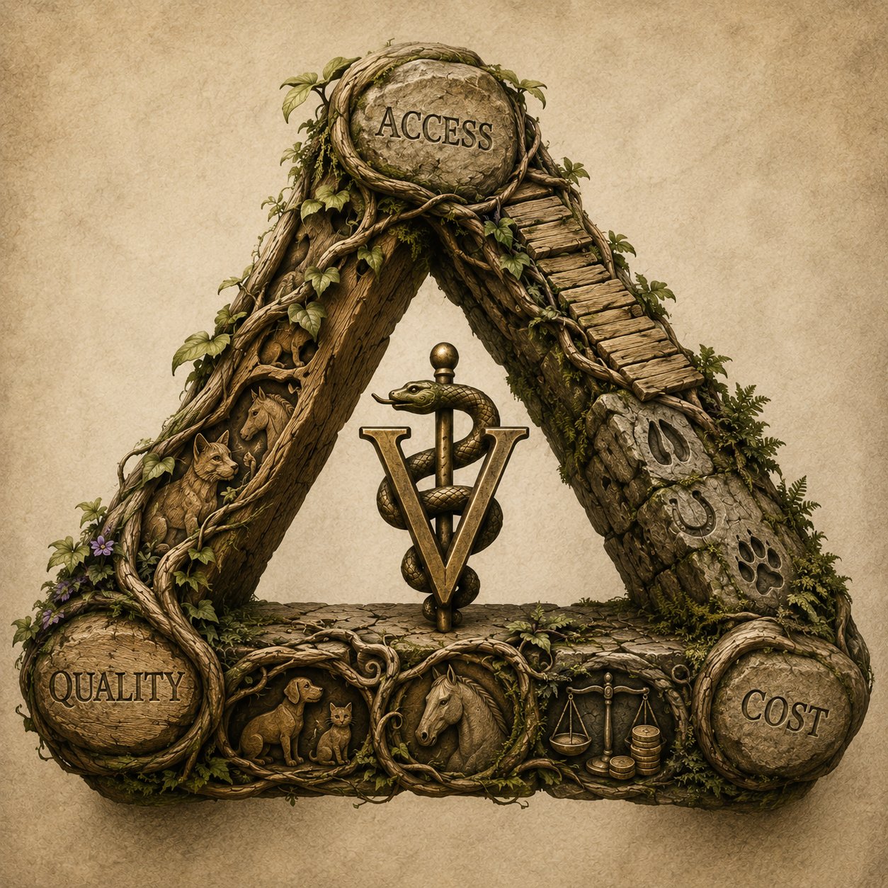 A weathered triangle of carved wood and stone wrapped in vines, its corners labeled Access, Quality, and Cost, with a veterinary caduceus at its center and animals, paw prints, and scales carved along its sides.