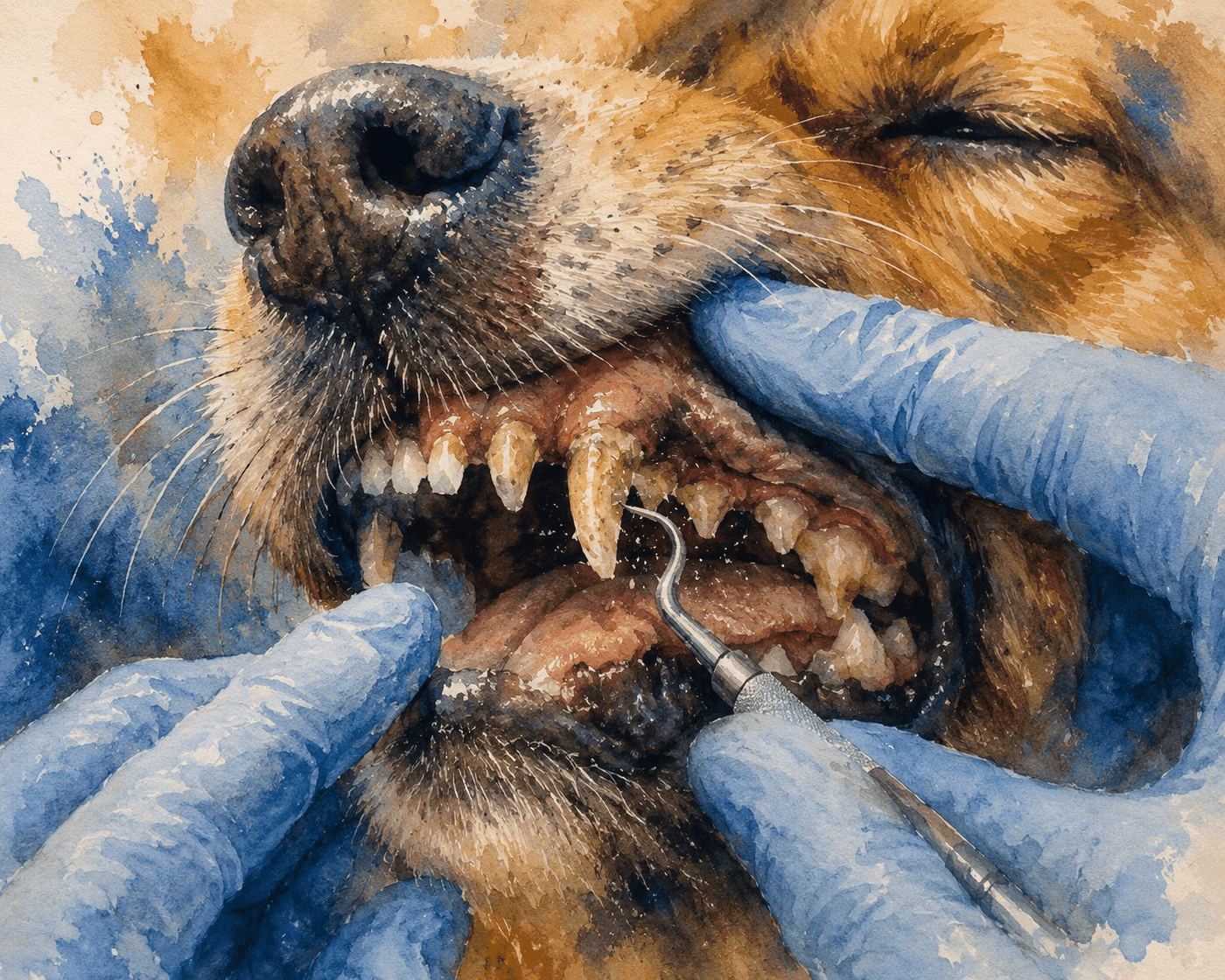 A watercolor of a dog's mouth being examined and scaled — the hidden tartar that accumulates below the gumline made visible during a COHAT.