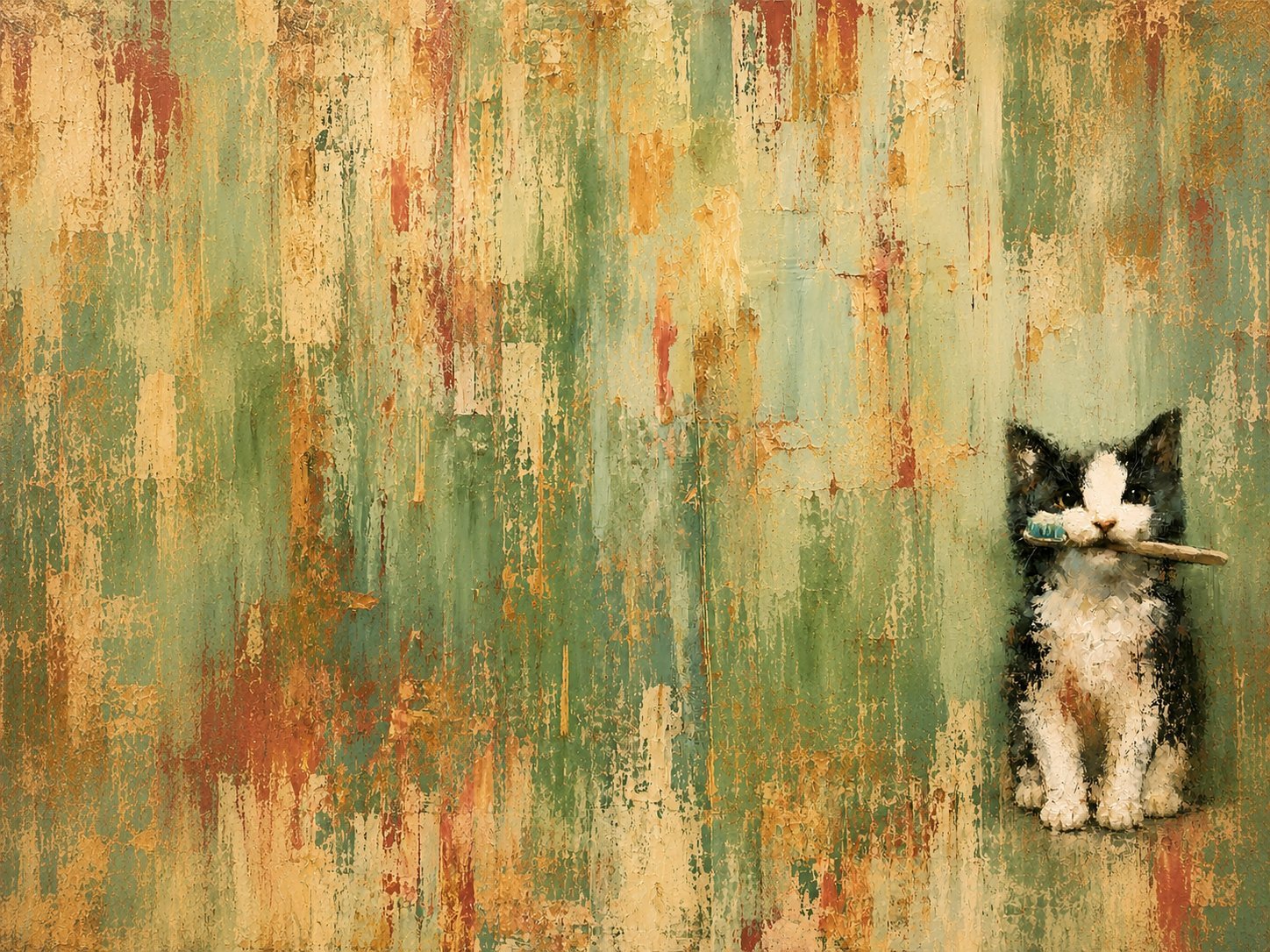 A watercolor of a tuxedo cat beside a toothbrush &mdash; home dental care as an everyday, unglamorous habit.
